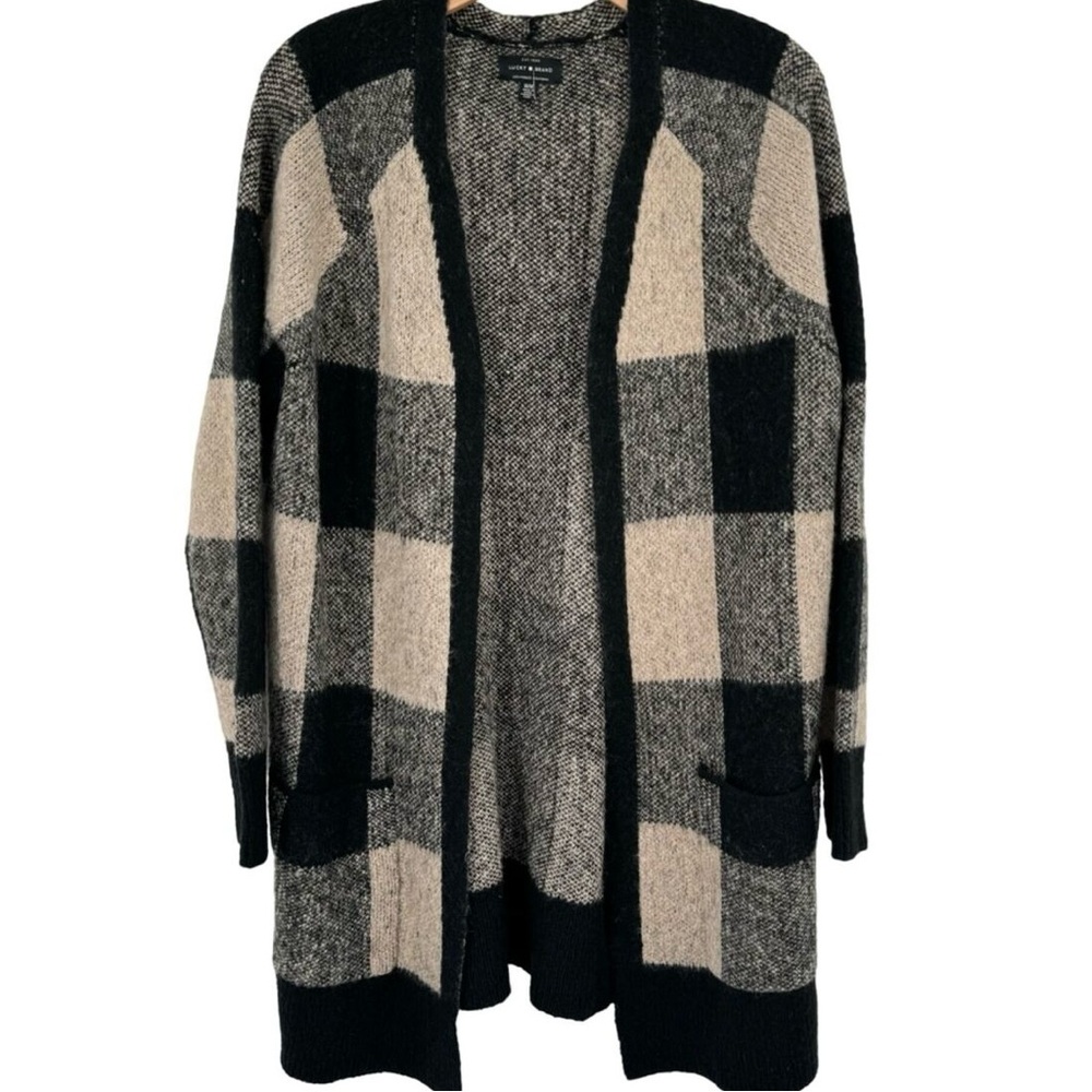 Lucky Brand Black Ivory Buffalo Plaid Open Front Wool Blend Cardigan - Picture 3 of 8